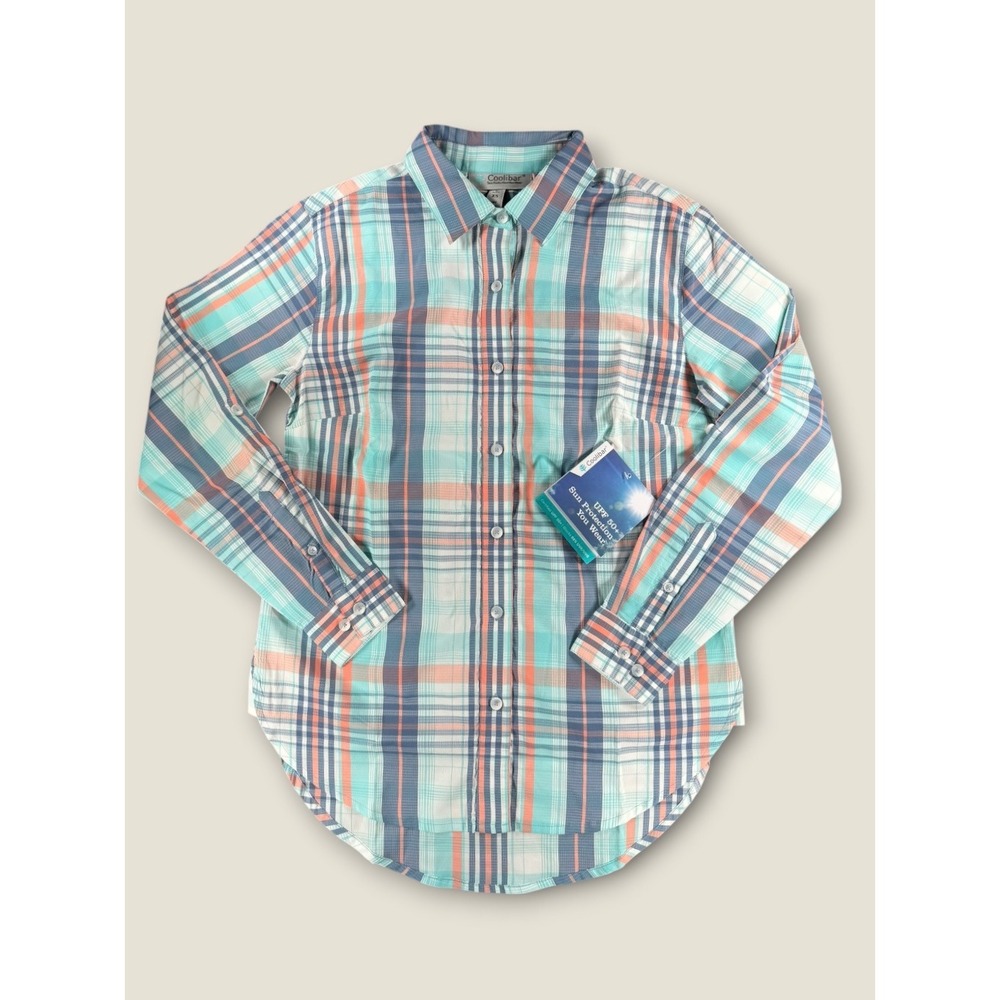 Coolibar Hepburn‎ Shirt Womens XS Plaid UPF 50+ Sun Protection Blue Orange 10291